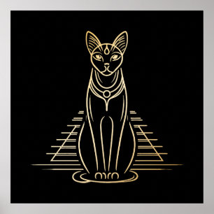 Bastet, ägyptische Katzengöttin vor einer Pyramide Poster