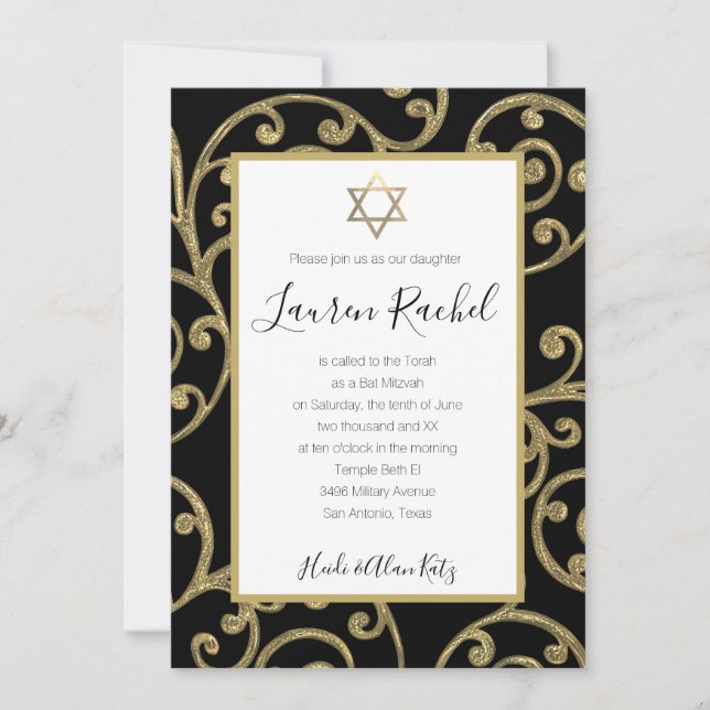 Bat Mitzvah alle Farbe Gold Scroll Design Einladung (Vorderseite)