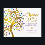 Bat Mitzvah ändert Pläne Gold Tree des Lebens Lila Einladungspostkarte<br><div class="desc">Achten Sie darauf, dass alle Ihre Freunde und Verwandten den Meilenstein Ihrer Tochter Bat Mitzvah feiern können, unabhängig von den aktuellen unvorhergesehenen globalen Umständen. Versenden Sie diese atemberaubende, grafische Imitate Goldfolienbaum mit funkelnd türkisfarbenen, aquamarinen, lila und blauen Star of David und Punkt "Blätter" auf einem weißen Hintergrund, personalisierte "Änderung der...</div>