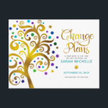 Bat Mitzvah Änderung der Pläne Gold Aquamariner Ba Einladungspostkarte<br><div class="desc">Achten Sie darauf, dass alle Ihre Freunde und Verwandten den Meilenstein Ihrer Tochter Bat Mitzvah feiern können, unabhängig von den aktuellen unvorhergesehenen globalen Umständen. Versenden Sie diese atemberaubende, grafische Imitate Goldfolienbaum mit funkelnd türkisfarbenen, aquamarinen, lila und blauen Star of David und Punkt "Blätter" auf einem weißen Hintergrund, personalisierte "Änderung der...</div>