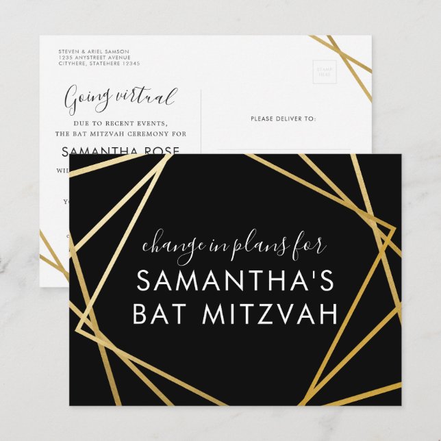 Bat Mitzvah Änderung der Pläne Modernes Gold Schwa Ankündigungspostkarte (Vorne/Hinten)