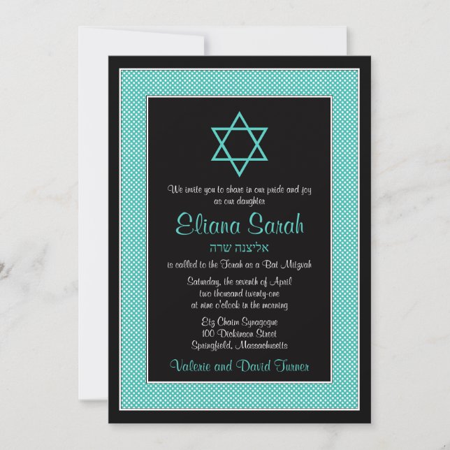 Bat mitzvah Aqua Blue Black Polka Dot Invitation (Devant)