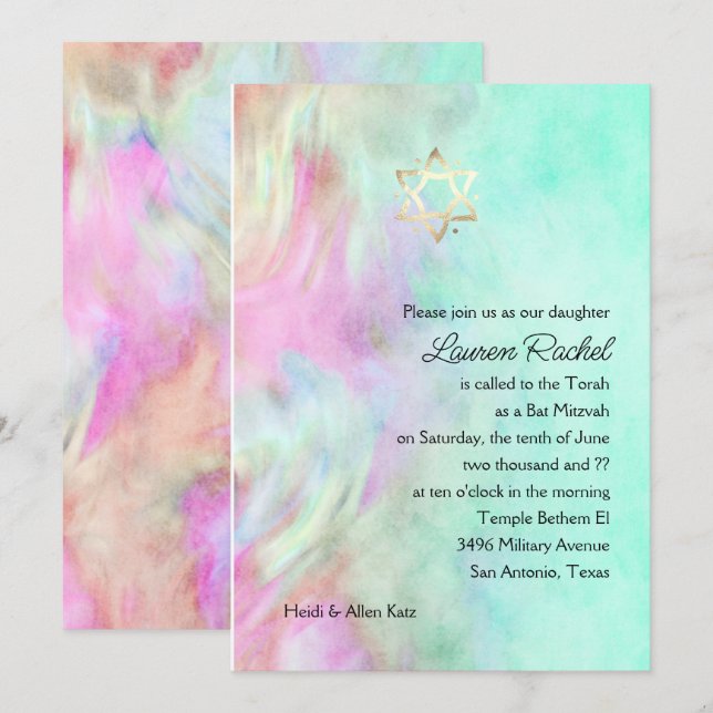 Bat Mitzvah Aqua Gefärbte Krawatte Design Einladun Einladung (Vorne/Hinten)