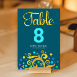 Bat Mitzvah Aquamarin Blue Gold Olivenweg Olivenwe Tischnummer<br><div class="desc">Kein Bat Mitzvah Party ist komplett ohne personalisierte Tischnummer Karten. Lass deinem Lieblings-Bat Mitzvah Stolz, Freude und feiere ihren Meilenstein in ihrem perfekt koordinierten Party. Diese raffinierte, schicke, atemberaubende, abstrakte Grafik-Imitate Goldfolienbaum mit funkelnd türkisfarbenem, aquamarinem, lila und blauen Star von David und Dot "Blätter" und türkisfarbener Tischnummer überlagern einen reichen,...</div>