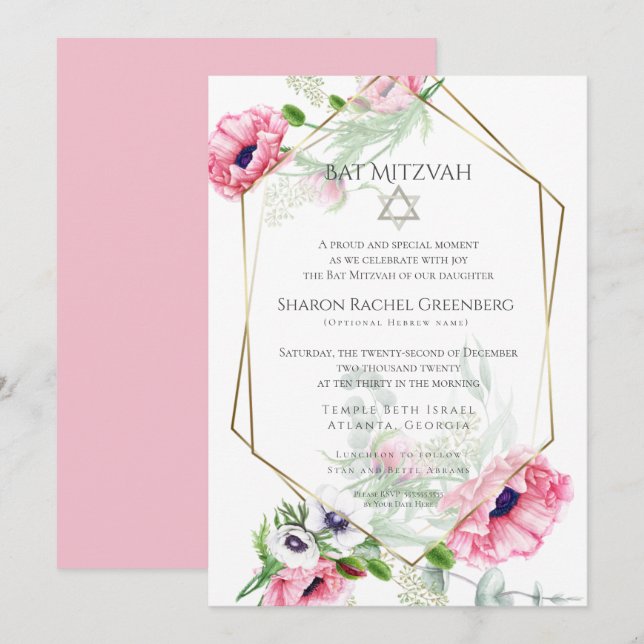 Bat Mitzvah | Aquarellfarbene rosa Poppies Verse 2 Einladung (Vorne/Hinten)