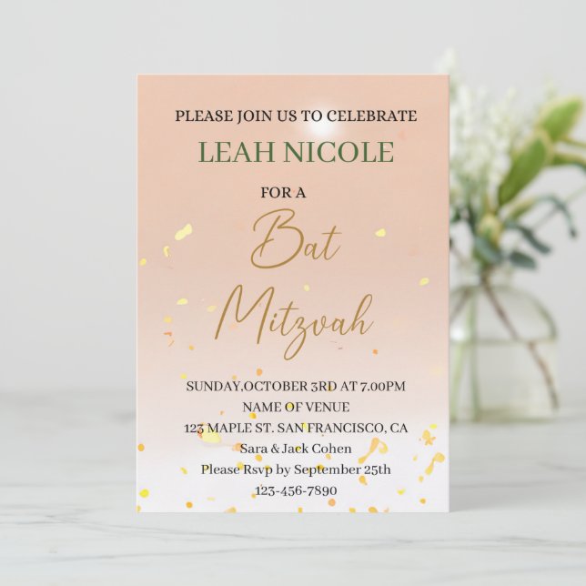 Bat Mitzvah, Bar Mitzvah Birthday Pink Gold Glitze Einladung (Stehend Vorderseite)