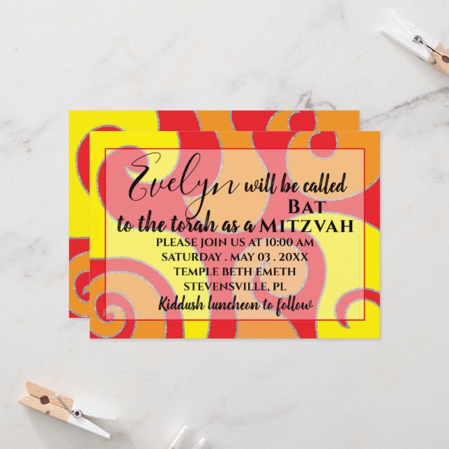 Bat Mitzvah Bar Mitzvah Silvery Wirbel Einladung (Vorderseite/Rückseite Beispiel)