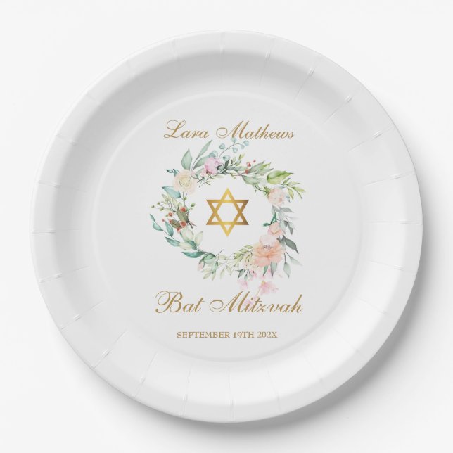 Bat Mitzvah, Bar Mitzvah, Wasserfarbenflora Pappteller (Vorderseite)