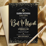 Bat Mitzvah Black Gold Foil Glitzer Script Modern Einladung<br><div class="desc">Seien Sie stolz, freuen Sie sich und präsentieren Sie diesen Meilenstein Ihres Lieblings-Bat Mitzvah! Senden Sie diese atemberaubende, moderne, raffinierte, personalisierte hebräische Namenseinladung für eine Veranstaltung, an die Sie sich erinnern können. Graphische Imitate Goldfolie-Kalligraphie-Skript, Star of David, und Konfetti, überlagern einen reichen, dramatischen, schwarzen Hintergrund. Ein Imitat goldener Star von...</div>
