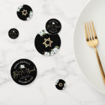 Bat Mitzvah Black Gold Script Floral Watercolor Konfetti<br><div class="desc">Fügen Sie Ihrem Lieblings-Bat Mitzvah-Party einen besonderen Stil mit diesem anpassbaren Tisch Konfetti hinzu! Ein schicker, atemberaubender, weißer und goldener Glitzer mit floraler Aquarellfarbe mit Imitaten, Goldfolien-Schrift Typografie und weißem San-Serifentyp überlagern einen dramatischen schwarzen Hintergrund auf einer Seite. Ein goldener Stern von David und mehr Blume, die schwarz überlegen sind,...</div>
