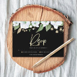 Bat Mitzvah Black Gold Script Floral Watercolor RSVP Karte<br><div class="desc">Seien Sie stolz, freuen Sie sich und feiern Sie diesen Meilenstein Ihres Lieblings-Bat Mitzvah mit dieser raffinierten, personalisierten UAWG Insert-Karte für Ihre Veranstaltung! Ein schicker, atemberaubender, weißer und goldener Glitzer mit floraler Aquarellfarbe mit Imitaten, Goldfolien-Schrift Typografie und weißer San-Serifenart überlagert einen dramatischen schwarzen Hintergrund. Zusätzliche Aquarellfarben-Blume und ein goldener Star...</div>