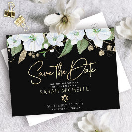 Bat Mitzvah Black Gold Script Watercolor Floral Einladungspostkarte
