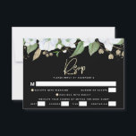 Bat Mitzvah Black Gold Script Watercolor Floral RSVP Karte<br><div class="desc">Seien Sie stolz, freuen Sie sich und feiern Sie diesen Meilenstein Ihres Lieblings-Bat Mitzvah mit dieser raffinierten, personalisierten UAWG Insert-Karte für Ihre Veranstaltung! Ein schicker, atemberaubender, weißer und goldener Glitzer mit floraler Aquarellfarbe mit Imitaten, Goldfolien-Schrift Typografie und weißer Sans Serifenart überlagern einen dramatischen schwarzen Hintergrund. Zusätzliche Aquarellfarben-Blume und ein goldener...</div>