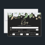 Bat Mitzvah Black Gold Script Watercolor Floral RSVP Karte<br><div class="desc">Seien Sie stolz, freuen Sie sich und feiern Sie diesen Meilenstein Ihres Lieblings-Bat Mitzvah mit dieser raffinierten, personalisierten UAWG Insert-Karte für Ihre Veranstaltung! Ein schicker, atemberaubender, weißer und goldener Glitzer mit floraler Aquarellfarbe mit Imitaten, Goldfolien-Schrift Typografie und weißer Sans Serifenart überlagern einen dramatischen schwarzen Hintergrund. Zusätzliche Aquarellfarben-Blume und ein goldener...</div>