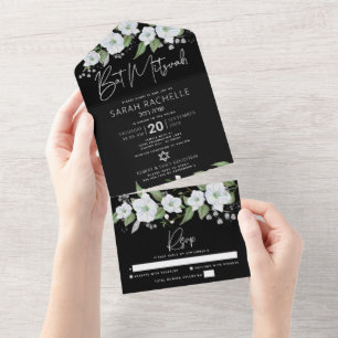 Bat Mitzvah Black Silver Script Floral Watercolor All In One Einladung