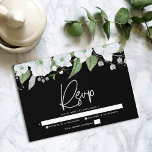 Bat Mitzvah Black Silver Script Floral Watercolor RSVP Karte<br><div class="desc">Seien Sie stolz, freuen Sie sich und feiern Sie diesen Meilenstein Ihres Lieblings-Bat Mitzvah mit dieser raffinierten, personalisierten UAWG Insert-Karte für Ihre Veranstaltung! Eine schicke, atemberaubende, weiße und goldene Glitzer florale Aquarellfarbe mit Imitaten silberfarbene Silber-Folie Kalligraphie Schrift Typografie und weiße Sans Serif Typ Overlays einen dramatischen schwarzen Hintergrund. Zusätzliche Aquarell-Blume...</div>