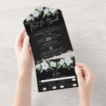 Bat Mitzvah Black Silver Script Watercolor Floral All In One Einladung<br><div class="desc">Seien Sie stolz, freuen Sie sich und präsentieren Sie diesen Meilenstein Ihres Lieblings-Bat Mitzvah mit dieser raffinierten, modernen, maßgeschneiderten All-in-One-Einladung für eine Veranstaltung zu erinnern. Ein schicker, atemberaubender, weißer und Imitat silberner Glitzer florale Aquarell, Imitate silberne Silber-Folie Schrift Typografie und weiße Sans Serif Typ Overlay ein dramatischen schwarzen Hintergrund. Dieses...</div>