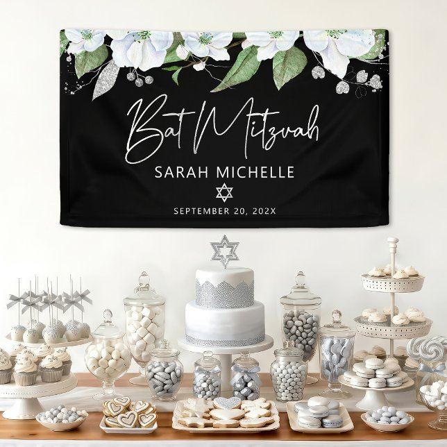 Bat Mitzvah Black Silver Script Watercolor Floral Banner (Von Creator hochgeladen)