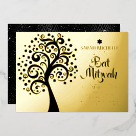Bat Mitzvah Black Tree of Life Script Real Gold Folieneinladung