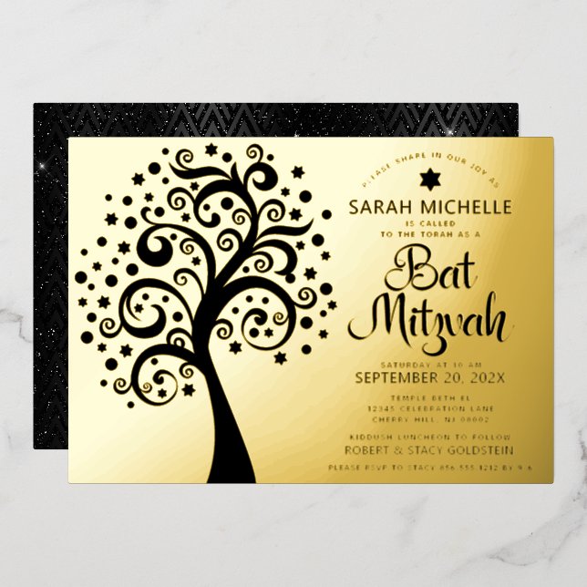 Bat Mitzvah Black Tree of Life Script Real Gold Folieneinladung (Vorderseite/Rückseite)