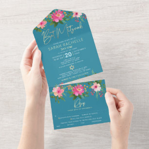 Bat Mitzvah Blau Gold Schrift Floral Aquarell Part All In One Einladung
