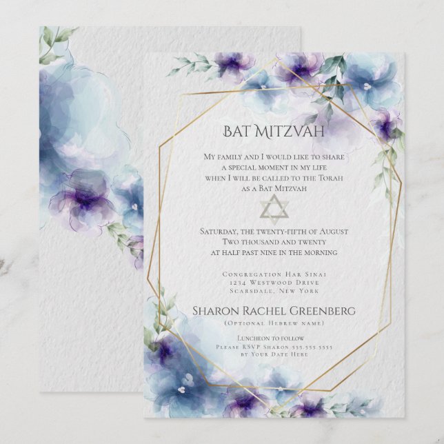 BAT MITZVAH | Blau und violett Wasserfarben Einladung (Vorne/Hinten)