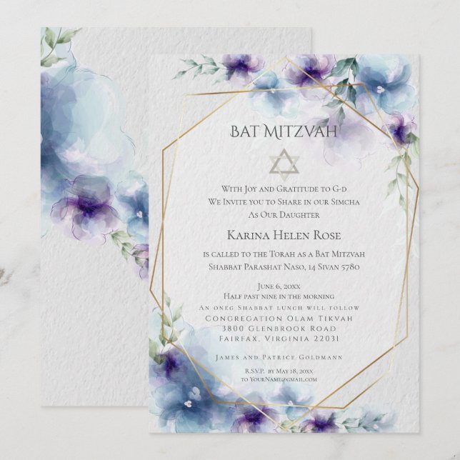 BAT MITZVAH | Blau und violett Wasserfarben Floral Einladung (Vorne/Hinten)