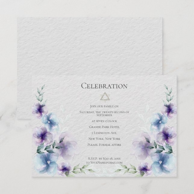 BAT MITZVAH | Blau und violett Wasserfarben Floral Einladung (Vorne/Hinten)