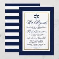 Bat Mitzvah Blau und weiße Streifen Einladung Gold
