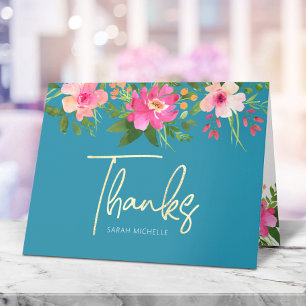 Bat Mitzvah Blue Gold Script Floral Watercolor Dankeskarte