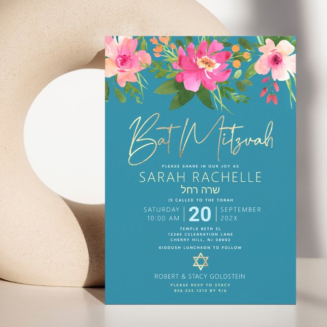 Bat Mitzvah Blue Gold Script Floral Watercolor Einladung (Von Creator hochgeladen)