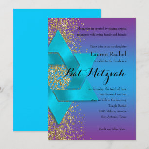 Bat Mitzvah Blue Lila Ombre Imitate Gold Glitzer Einladung