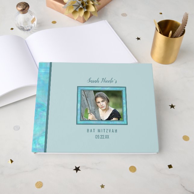 Bat Mitzvah Blue Opal Besondere Anlass Foto Gästebuch (Vorderseite Offen)