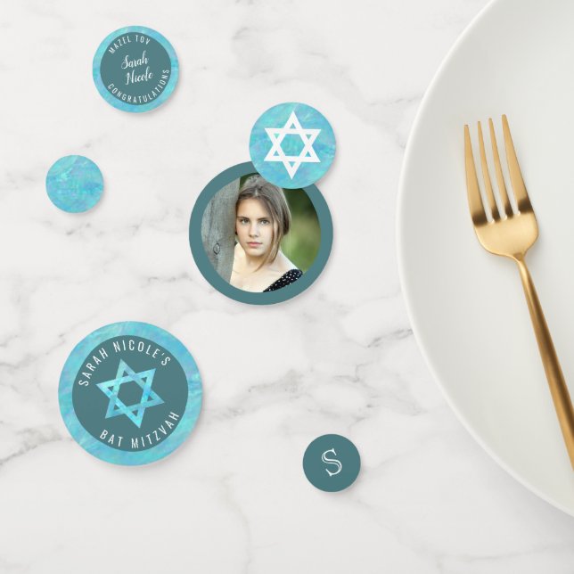 Bat Mitzvah Blue Opal Imitats Wasserfarben Foto Konfetti (Gruppe)