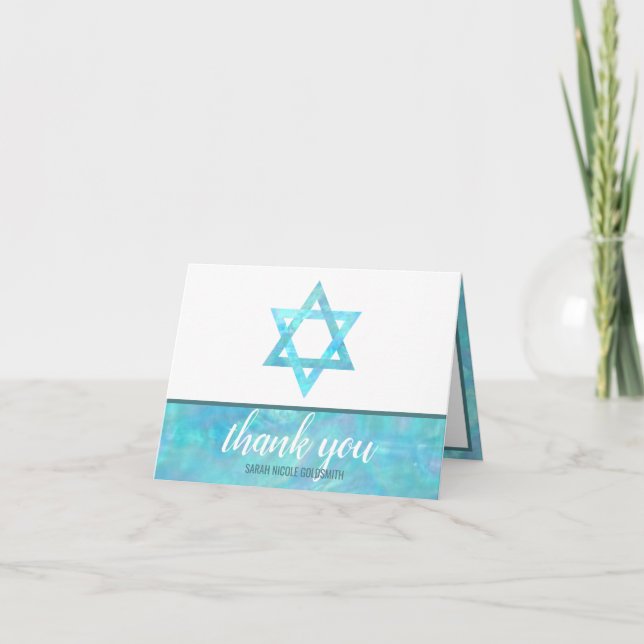 Bat Mitzvah Blue Opal Magen David Foto Chic Dankeskarte (Vorderseite)