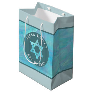 Bat Mitzvah Blue Opal Magen David Personalisiert Mittlere Geschenktüte