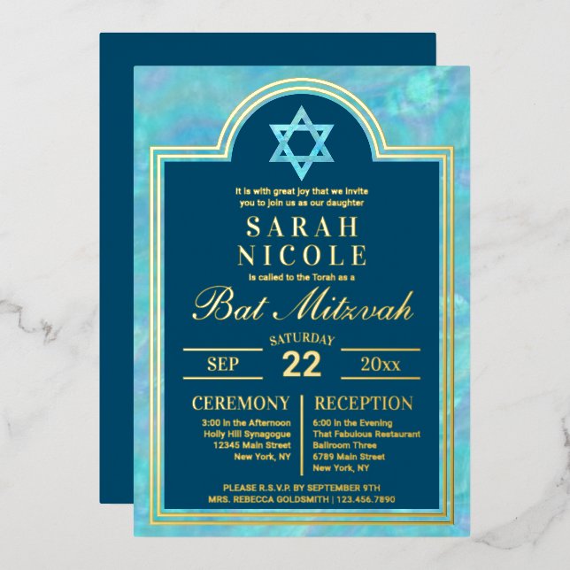 Bat Mitzvah Blue Opal Star von David Glam Gold Folieneinladung (Vorderseite/Rückseite)