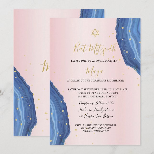 Bat Mitzvah Blue Pink Gold Juden Einladung (Vorne/Hinten)