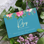 Bat Mitzvah Blue Watercolor Floral Gold Script RSVP Karte<br><div class="desc">Seien Sie stolz, freuen Sie sich und feiern Sie diesen Meilenstein Ihres Lieblings-Bat Mitzvah mit dieser raffinierten, personalisierten UAWG Insert-Karte für Ihre Veranstaltung! Eine atemberaubende, rosa und pfirsichfarbene Aquarellfarbe mit Imitaten, Goldfolien-Schrift-Typografie und modernen weißen Sans-Serifen überlagern einen staubigen, türkisfarbenen, aquamarin blauen Hintergrund. Zusätzliche Aquarellfarben-Blume und ein goldener Stern von David...</div>