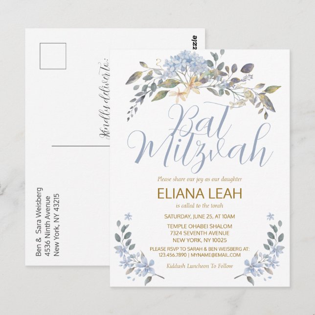 Bat Mitzvah Blue Watercolor Floral Postkarte (Vorne/Hinten)