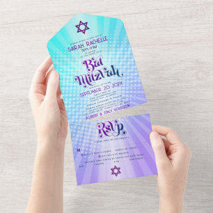Bat Mitzvah Boho Retro Blue Lila Gradient Bold All In One Einladung