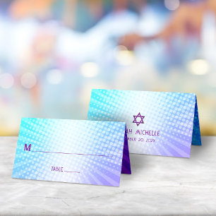 Bat Mitzvah Bold Boho Retro Blau Lila Farbverlauf Platzkarte