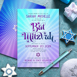 Bat Mitzvah Bold Retro Boho Blue Lila Gradient Einladung
