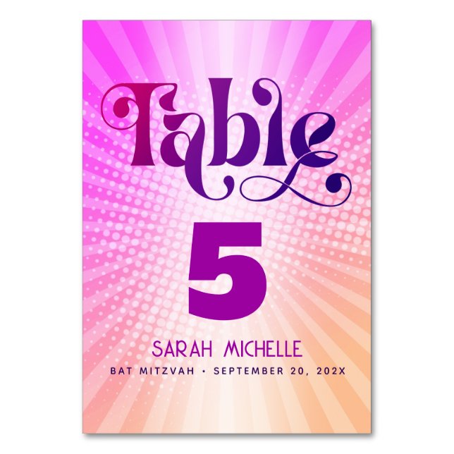 Bat Mitzvah Bold Retro Boho Pink Orange Gradient Tischnummer (Vorderseite)