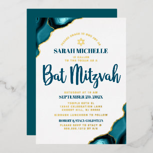 Bat Mitzvah Bold Türkise Agate Script Real Gold Folieneinladung