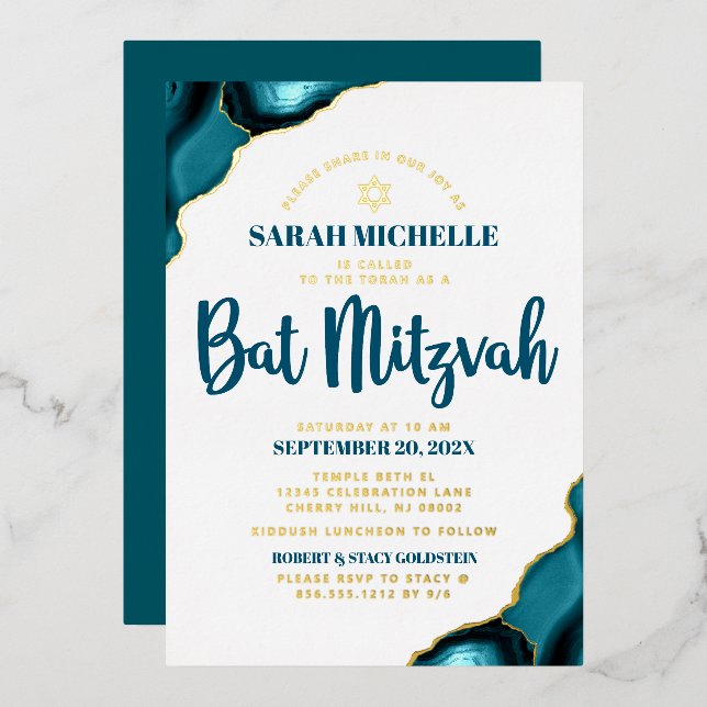 Bat Mitzvah Bold Türkise Agate Script Real Gold Folieneinladung (Vorderseite/Rückseite)