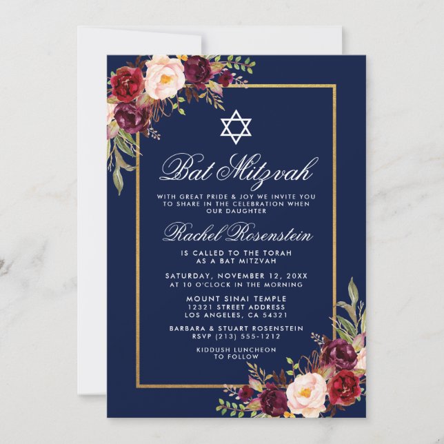 Bat mitzvah Bourgogne Floral Blue Gold Invitation (Devant)