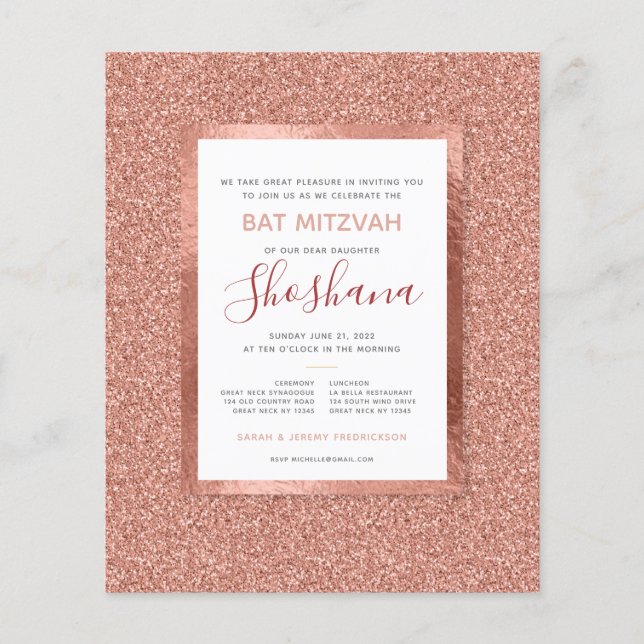 Bat Mitzvah Budget Rose Gold Glitzer Einladung (Vorderseite)