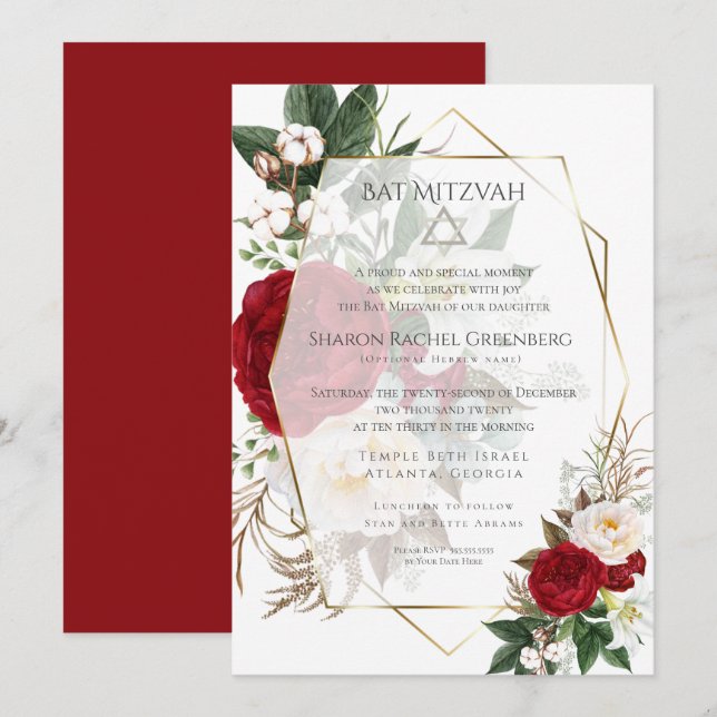 BAT MITZVAH | Burgund Peony Verse 2 Einladung (Vorne/Hinten)