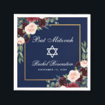 Bat Mitzvah Burgundy Blue Floral Gold Serviette<br><div class="desc">Bat Mitzvah Watercolor Burgundy Marsala Blue Floral Gold Frame Papier Napkin</div>